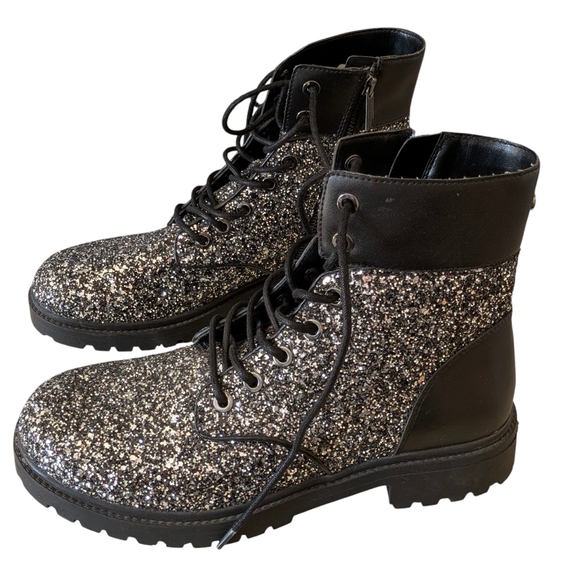 Michael Kors Alistair Black Glitter Combat Boots Grunge Whimsigoth Casual 9 - Picture 1 of 7